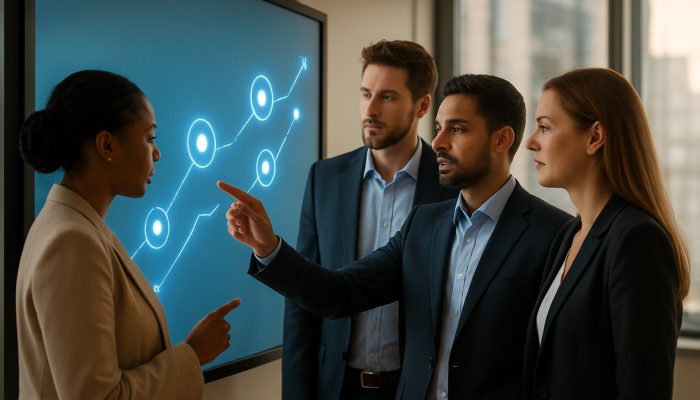 Turning Setbacks Into Updated Plans: Expert Tips for Success | DCL Diverse UK professionals mapping measurable goals on digital board in sleek London office