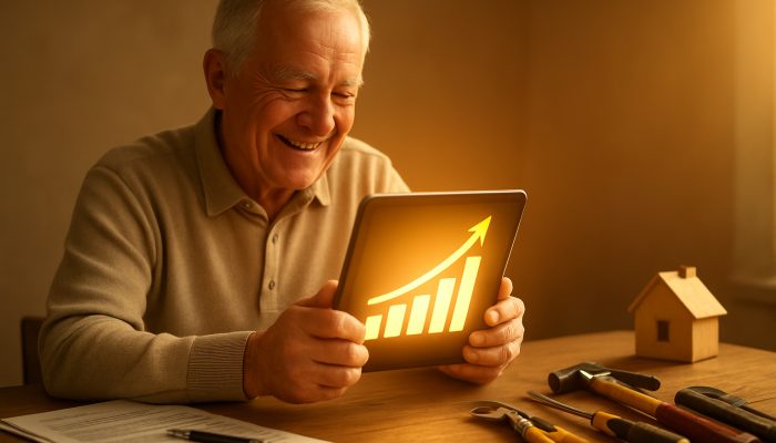 Smiling elderly borrower checks rising credit score on tablet with paid receipts and repair tools.