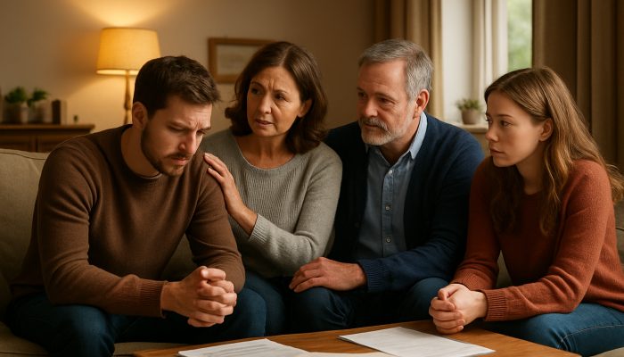 Talking to Family About Later Life Debt: Practical Advice | DCL Family reviewing debt management plans in cozy UK living room with reassuring expressions.