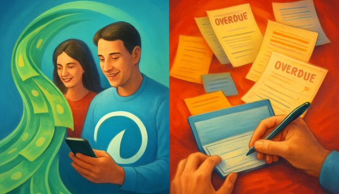 Direct Debit Vs Manual Payments Pros and Cons | DCL Split-screen digital art contrasting smooth direct debit with chaotic manual payments in vibrant colors.