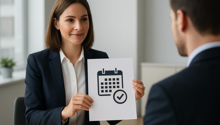 Direct Debit Vs Manual Payments Pros and Cons | DCL Businesswoman presenting 10-day payment notice letter to customer in bright modern office with marked calendar