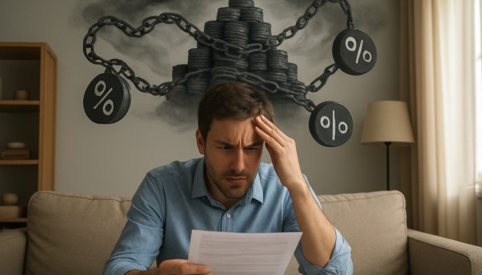 Stressed UK borrower reviews loan contract as fees and interest form towering debt mountain