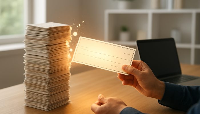 Person receiving glowing refund check while reducing debt stack in modern home office with laptop plan