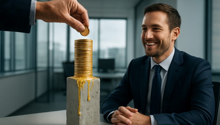 Hand directs tax refund coins onto loan ledger, reducing interest for relieved debtor in UK office