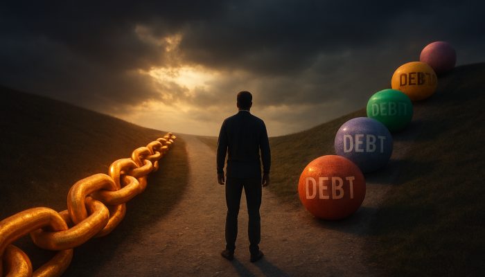 Choosing Between Combining or Snowballing Debts | DCL Person at forked path choosing between merging debt chains and rolling snowball debts