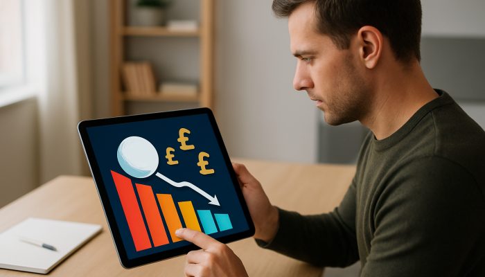 Choosing Between Combining or Snowballing Debts | DCL Person reviewing debt snowball budgeting app with charts and UK pounds on tablet in home office