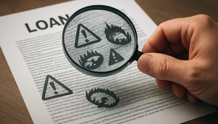 Borrower using magnifying glass to uncover hidden fees and traps in loan fine print.