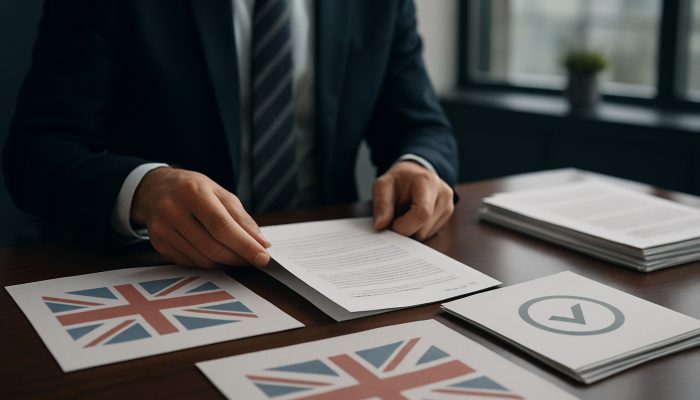Professional sorting UK account closure documents with regulatory compliance stamps on office desk.